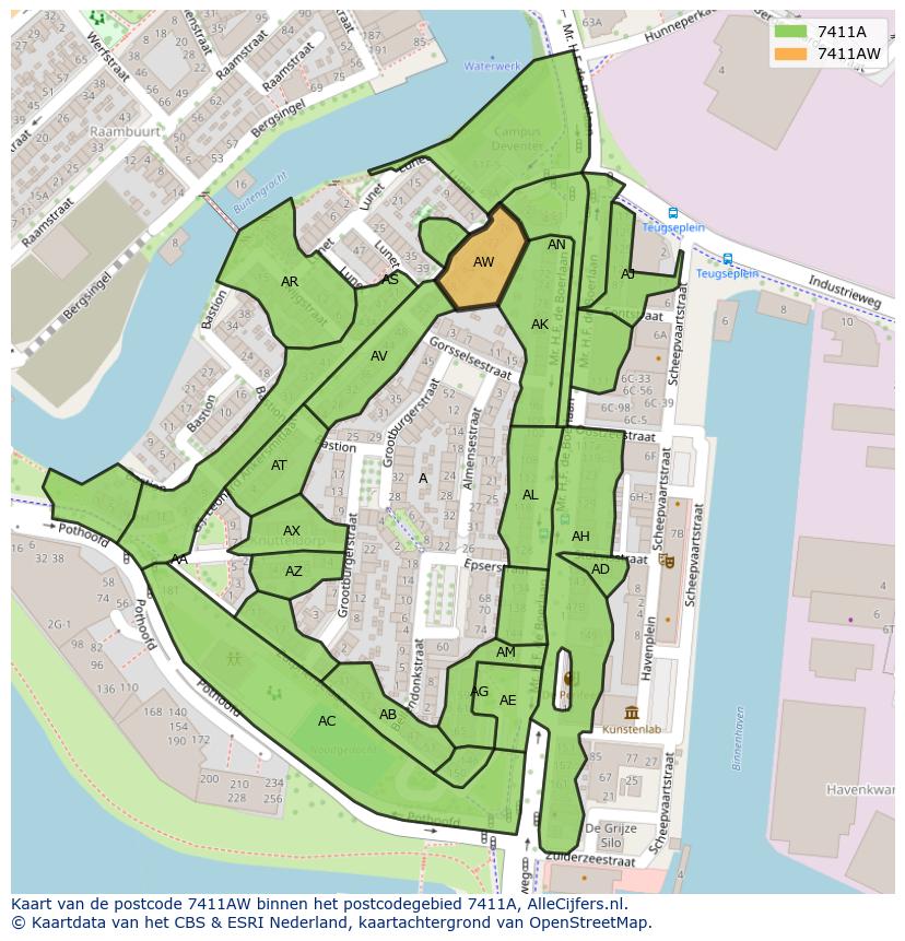 Afbeelding van het postcodegebied 7411 AW op de kaart.