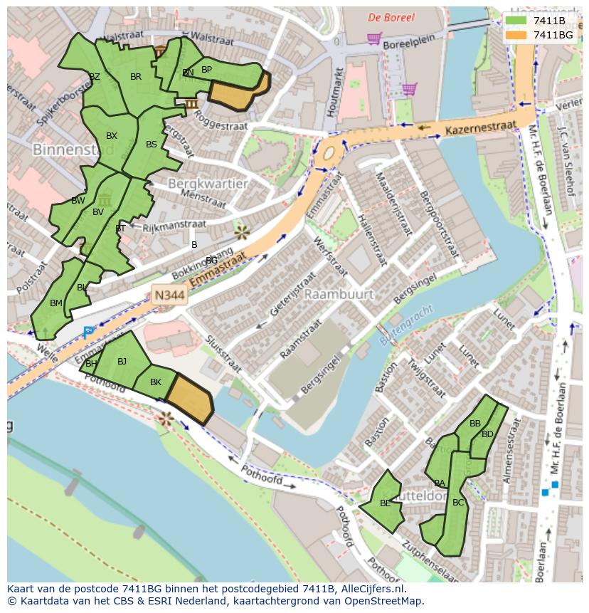 Afbeelding van het postcodegebied 7411 BG op de kaart.