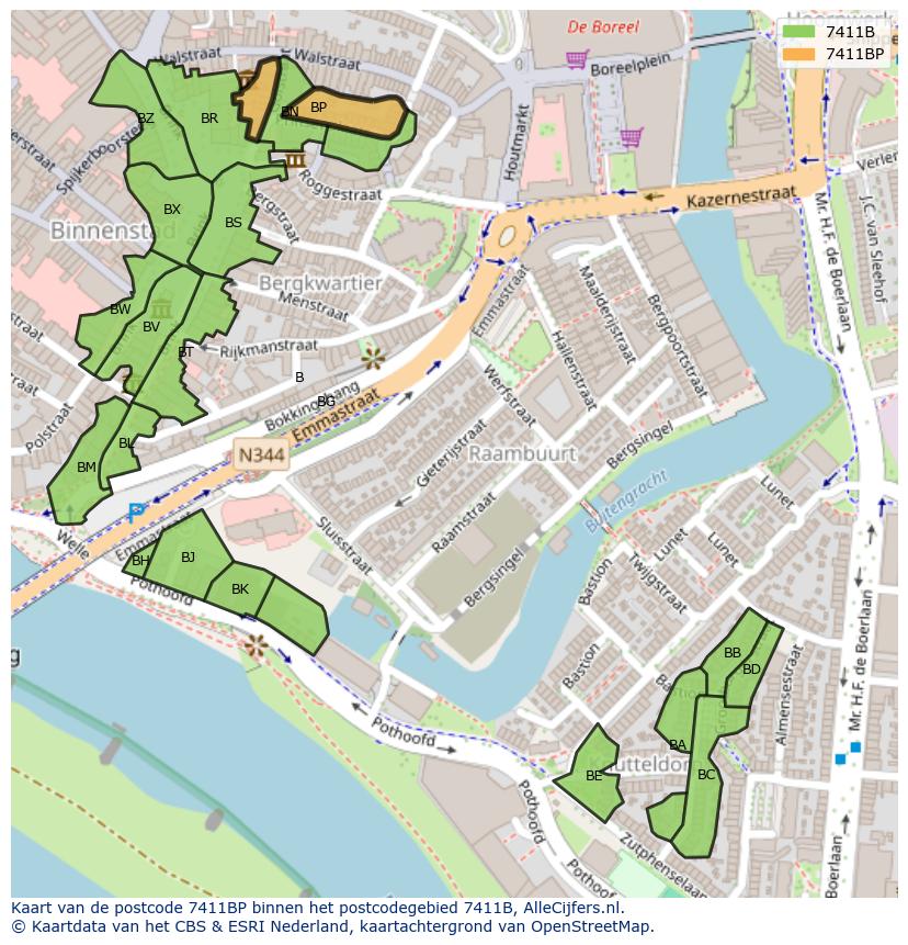 Afbeelding van het postcodegebied 7411 BP op de kaart.