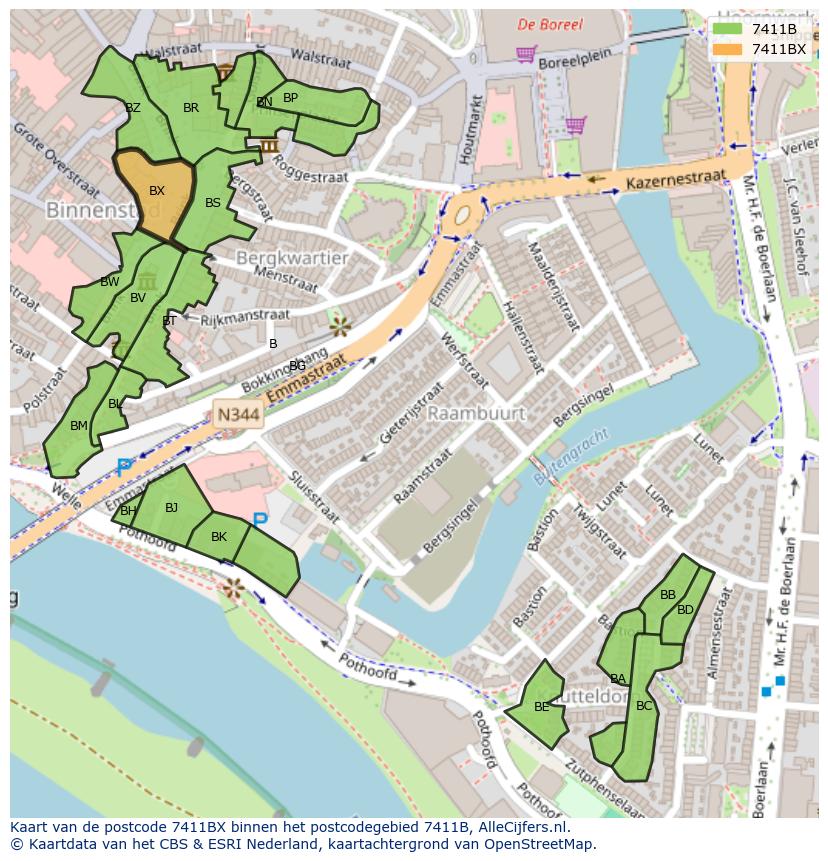 Afbeelding van het postcodegebied 7411 BX op de kaart.