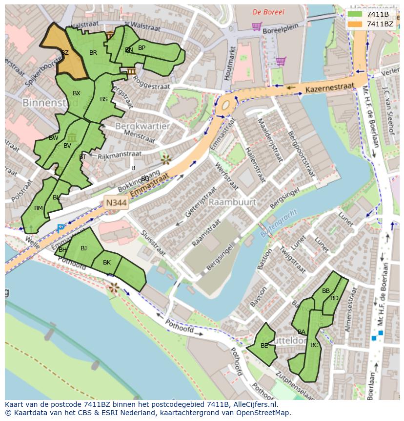 Afbeelding van het postcodegebied 7411 BZ op de kaart.