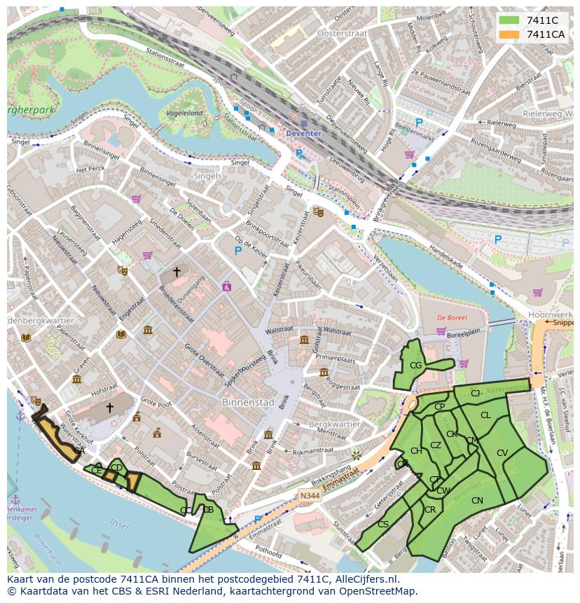 Afbeelding van het postcodegebied 7411 CA op de kaart.