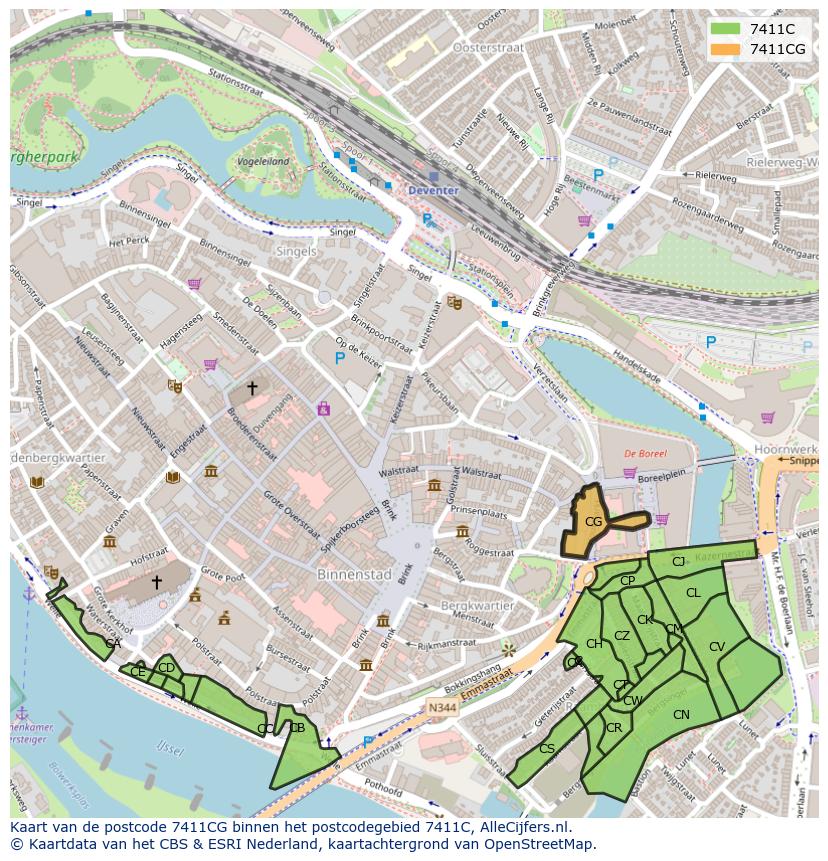 Afbeelding van het postcodegebied 7411 CG op de kaart.