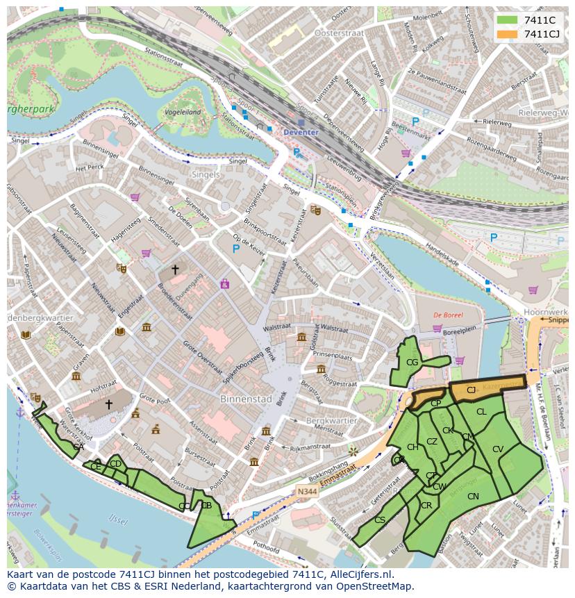 Afbeelding van het postcodegebied 7411 CJ op de kaart.