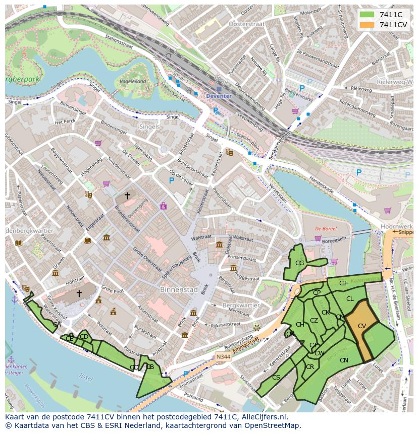 Afbeelding van het postcodegebied 7411 CV op de kaart.