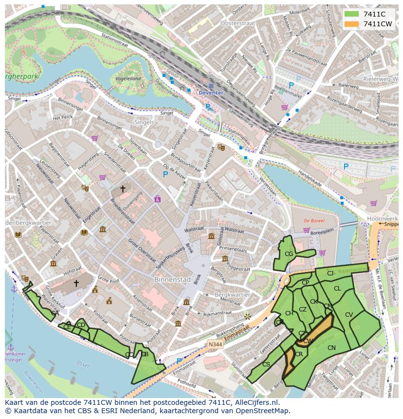 Afbeelding van het postcodegebied 7411 CW op de kaart.