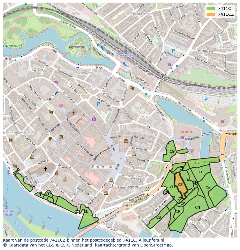 Afbeelding van het postcodegebied 7411 CZ op de kaart.