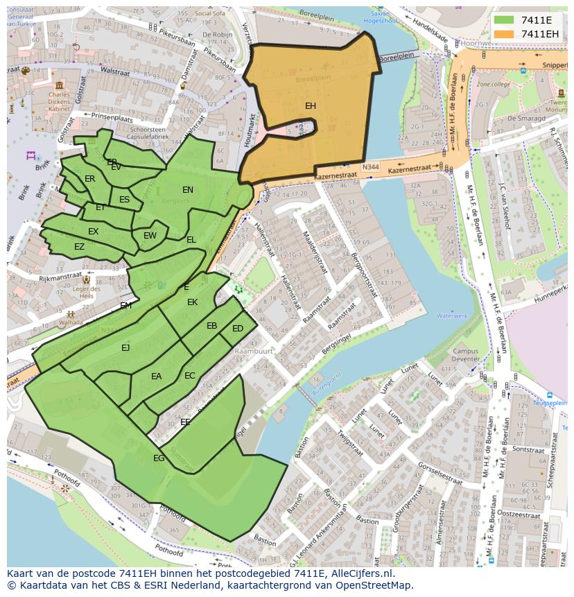 Afbeelding van het postcodegebied 7411 EH op de kaart.