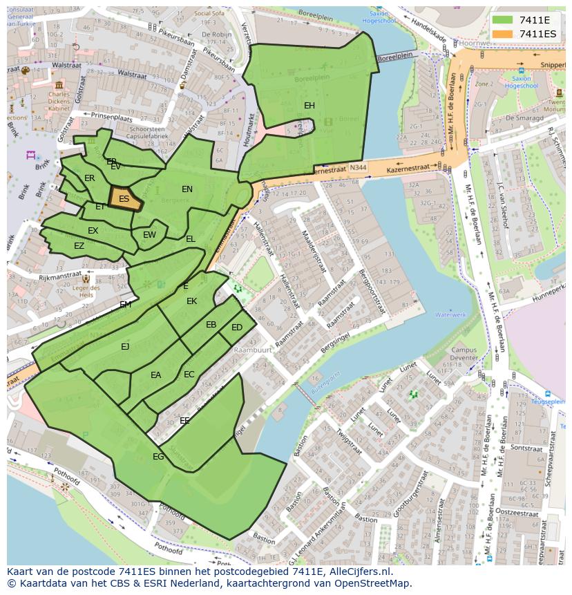 Afbeelding van het postcodegebied 7411 ES op de kaart.