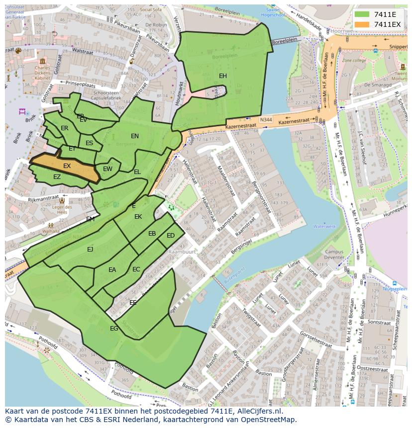 Afbeelding van het postcodegebied 7411 EX op de kaart.