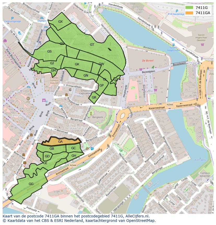Afbeelding van het postcodegebied 7411 GA op de kaart.