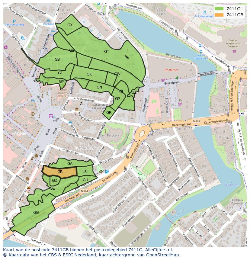Afbeelding van het postcodegebied 7411 GB op de kaart.