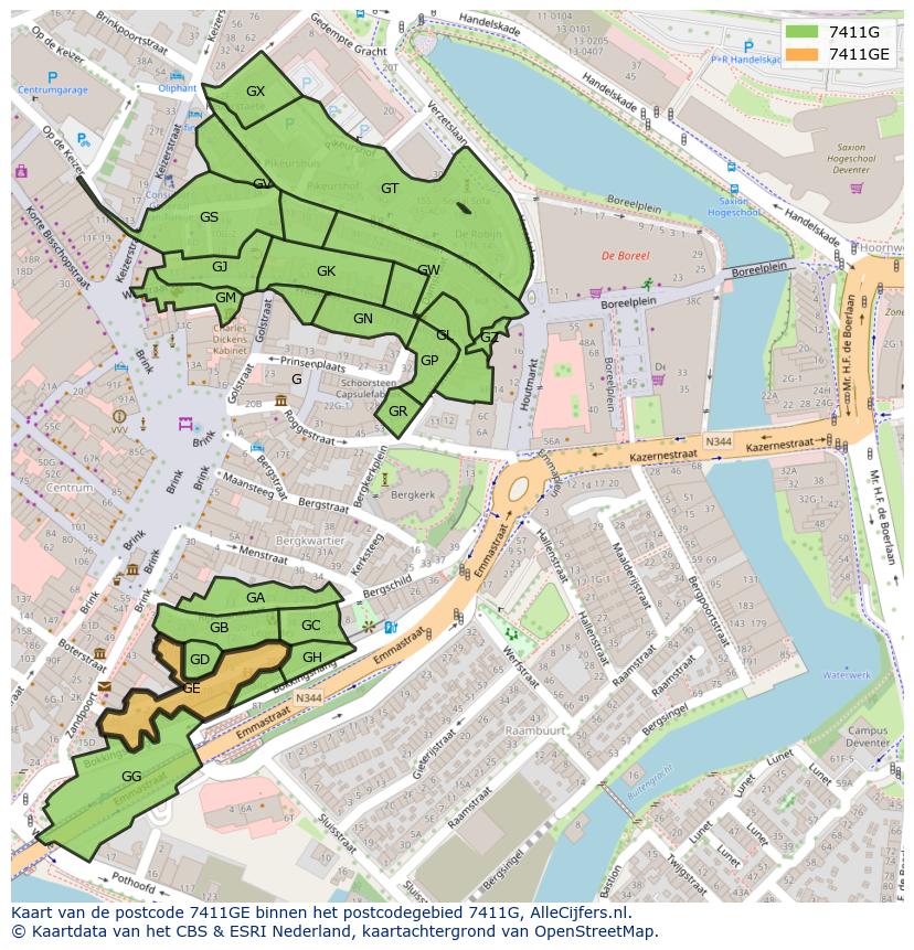 Afbeelding van het postcodegebied 7411 GE op de kaart.