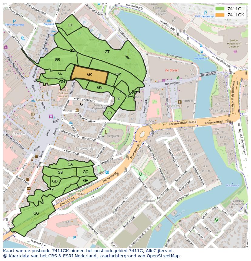 Afbeelding van het postcodegebied 7411 GK op de kaart.