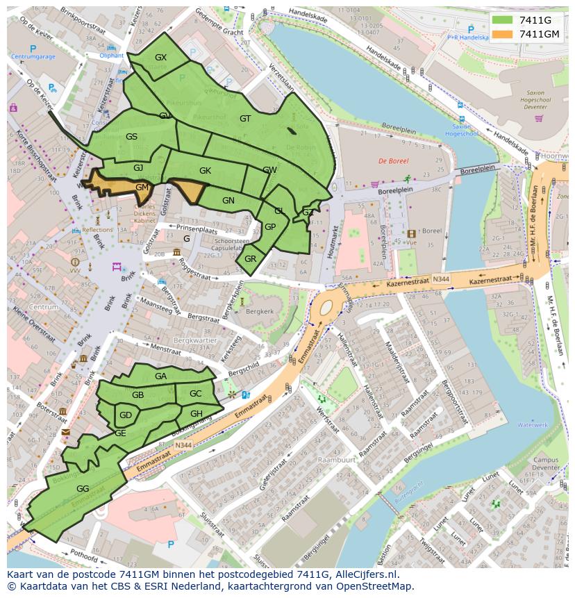 Afbeelding van het postcodegebied 7411 GM op de kaart.