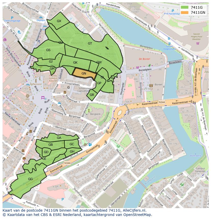Afbeelding van het postcodegebied 7411 GN op de kaart.