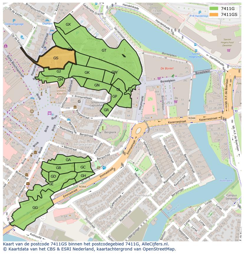 Afbeelding van het postcodegebied 7411 GS op de kaart.