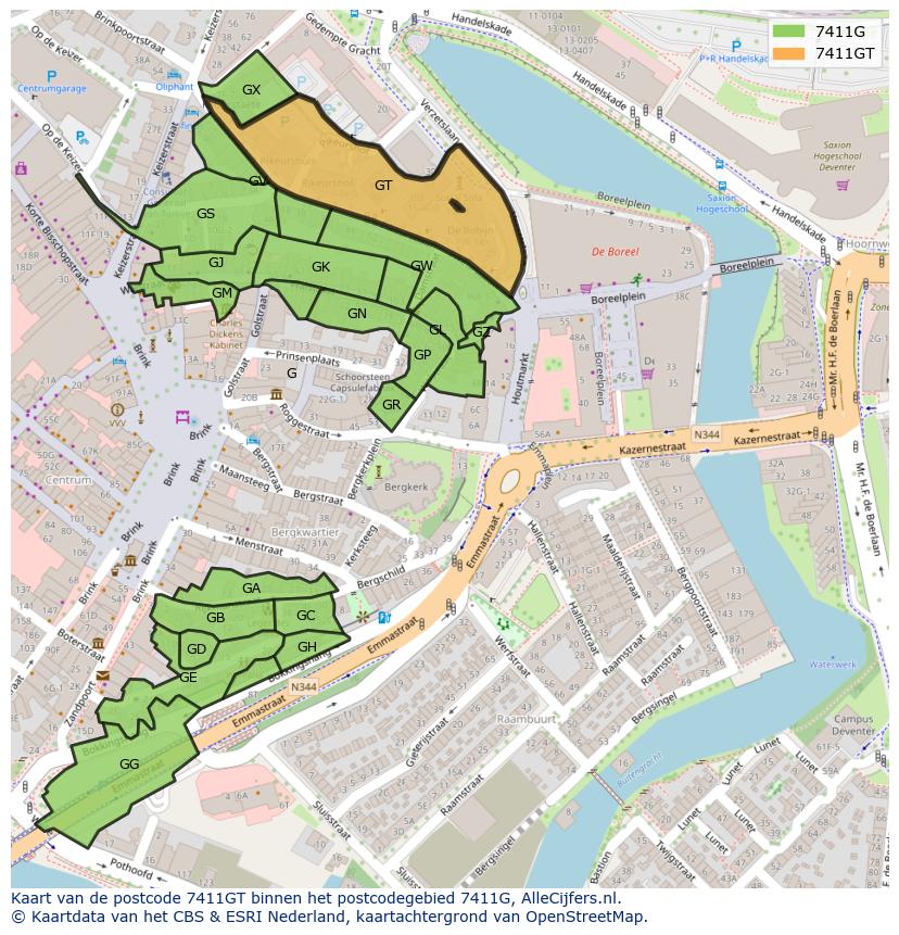 Afbeelding van het postcodegebied 7411 GT op de kaart.
