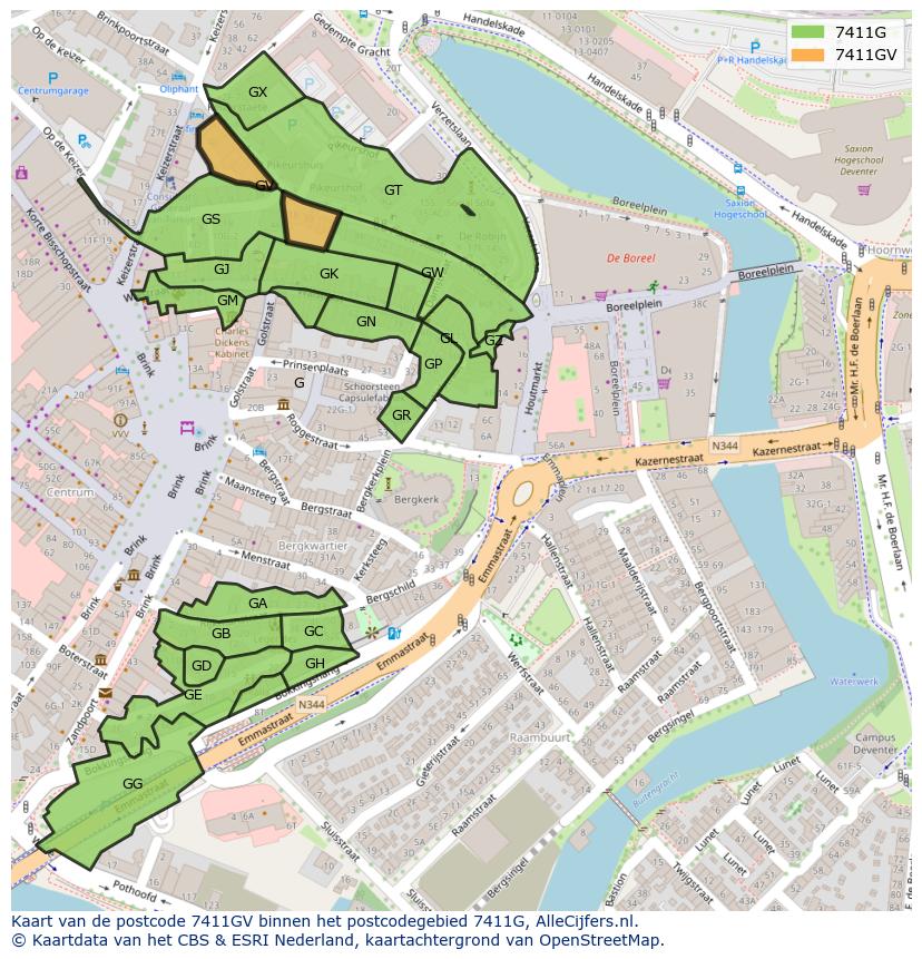Afbeelding van het postcodegebied 7411 GV op de kaart.