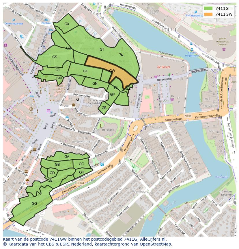 Afbeelding van het postcodegebied 7411 GW op de kaart.