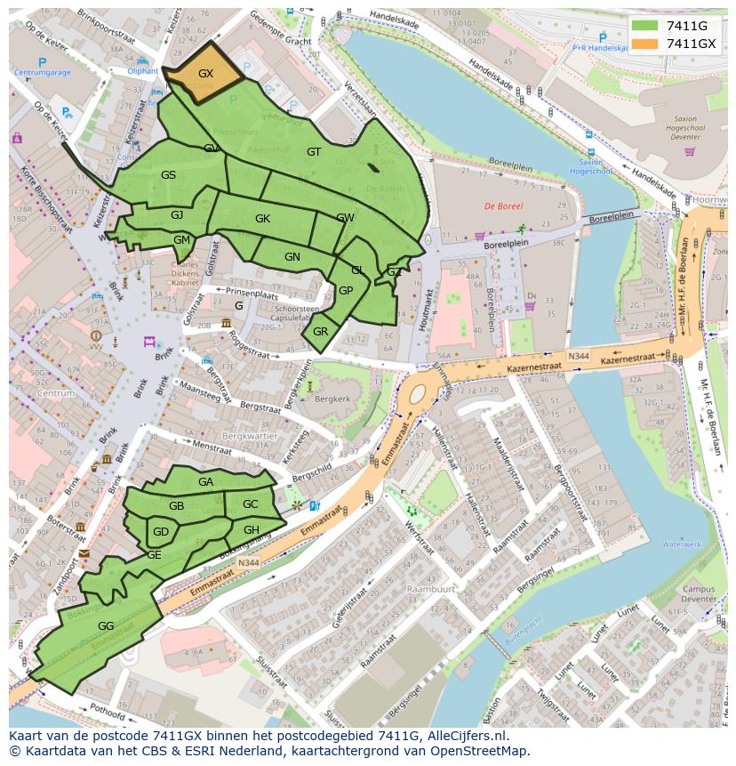 Afbeelding van het postcodegebied 7411 GX op de kaart.
