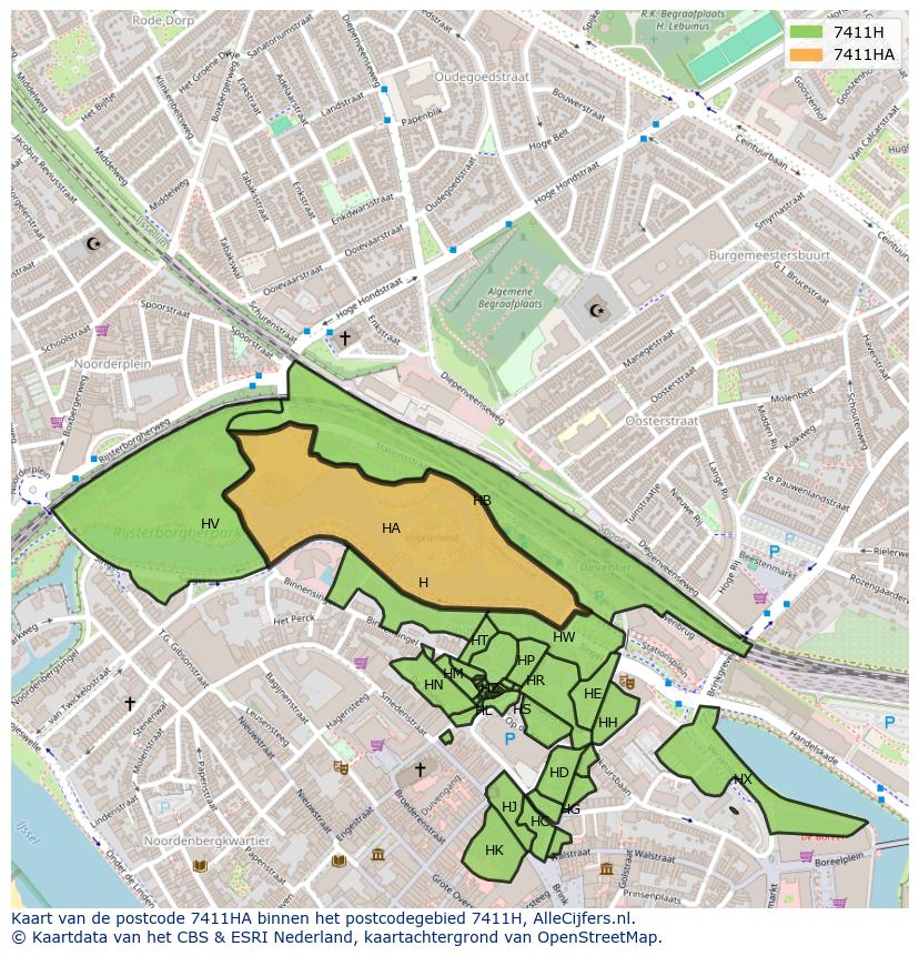 Afbeelding van het postcodegebied 7411 HA op de kaart.