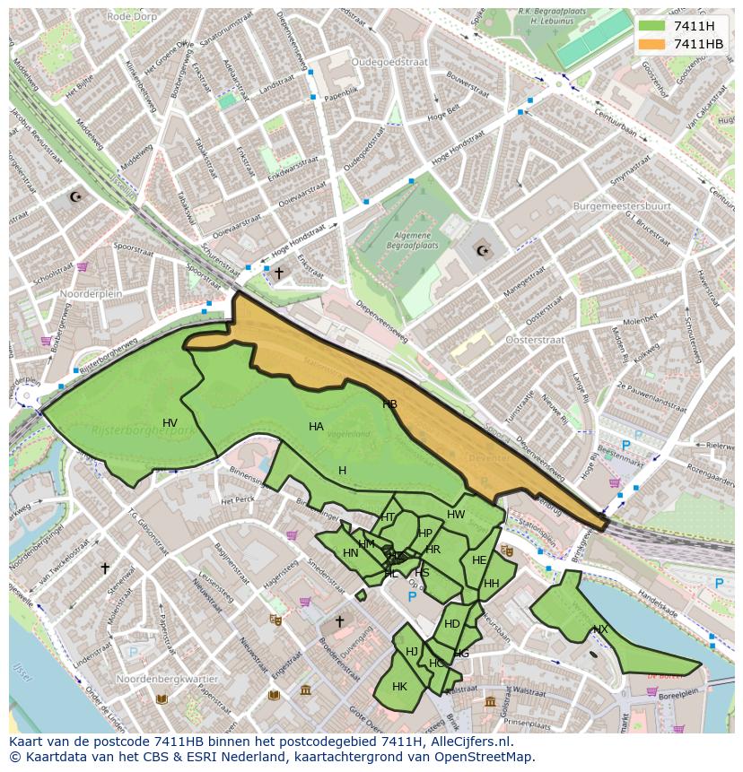 Afbeelding van het postcodegebied 7411 HB op de kaart.