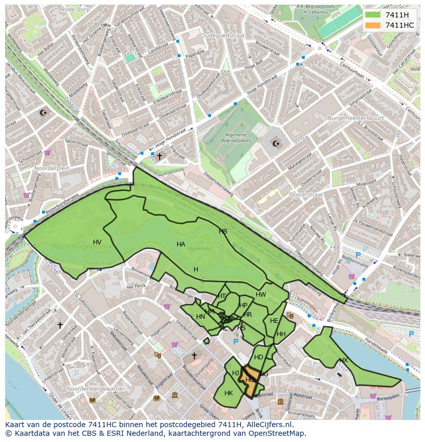 Afbeelding van het postcodegebied 7411 HC op de kaart.