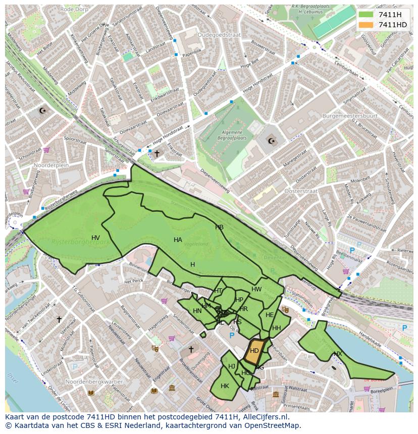 Afbeelding van het postcodegebied 7411 HD op de kaart.