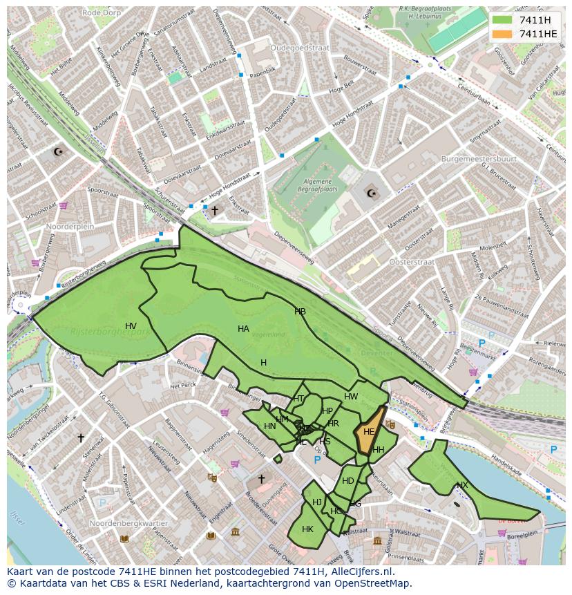 Afbeelding van het postcodegebied 7411 HE op de kaart.