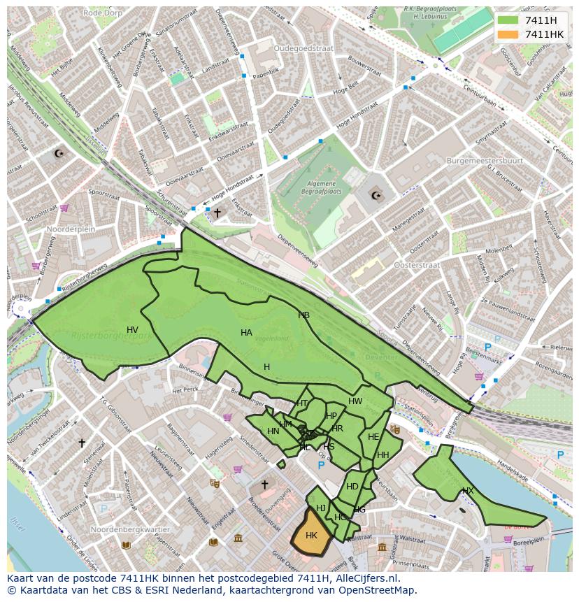 Afbeelding van het postcodegebied 7411 HK op de kaart.