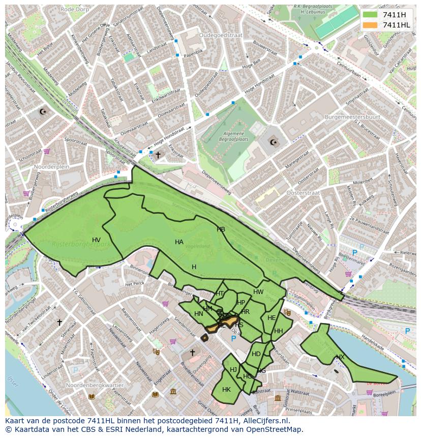 Afbeelding van het postcodegebied 7411 HL op de kaart.