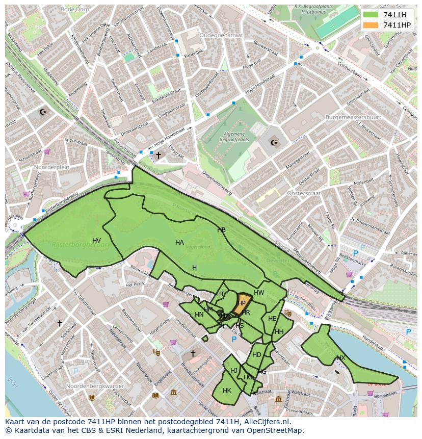 Afbeelding van het postcodegebied 7411 HP op de kaart.