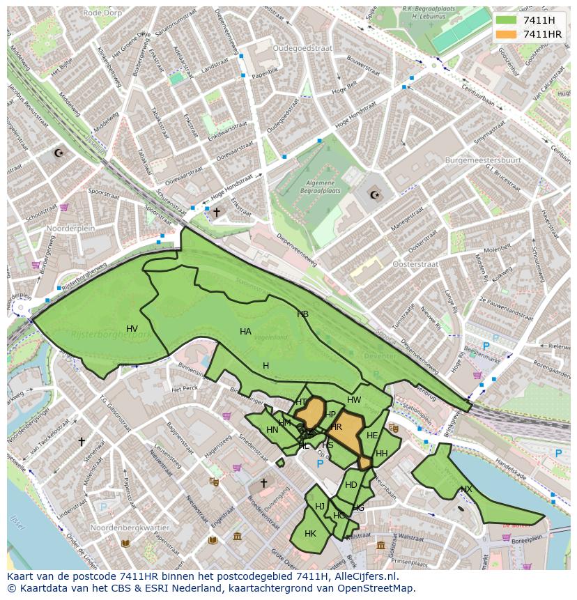 Afbeelding van het postcodegebied 7411 HR op de kaart.