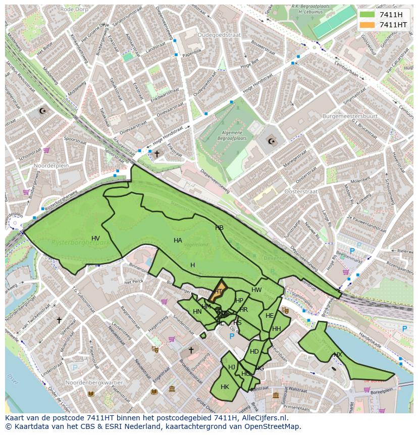 Afbeelding van het postcodegebied 7411 HT op de kaart.