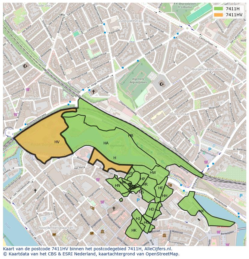 Afbeelding van het postcodegebied 7411 HV op de kaart.