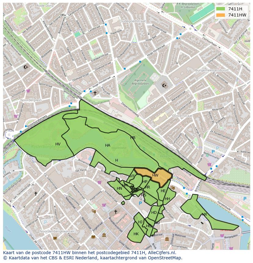 Afbeelding van het postcodegebied 7411 HW op de kaart.