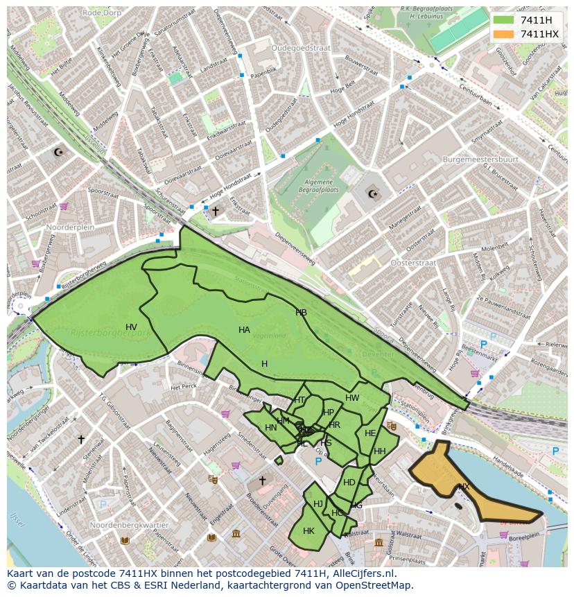 Afbeelding van het postcodegebied 7411 HX op de kaart.