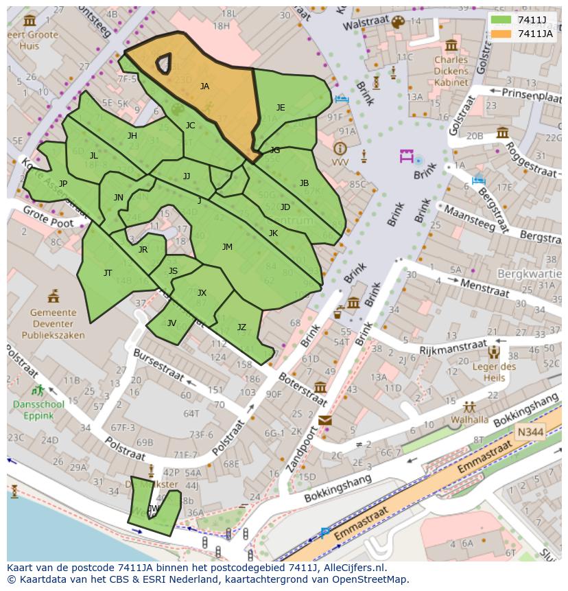 Afbeelding van het postcodegebied 7411 JA op de kaart.