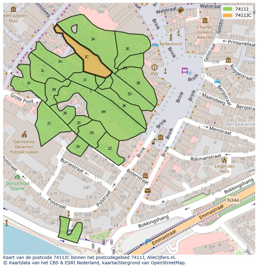 Afbeelding van het postcodegebied 7411 JC op de kaart.