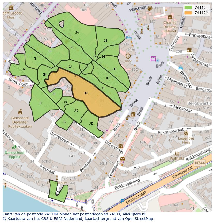 Afbeelding van het postcodegebied 7411 JM op de kaart.