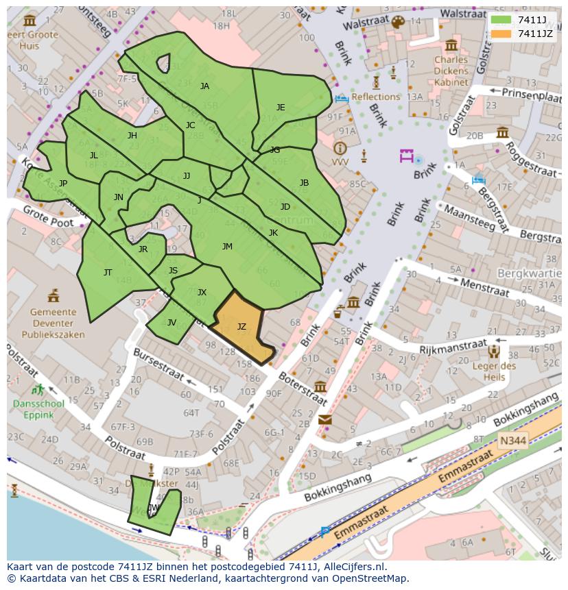 Afbeelding van het postcodegebied 7411 JZ op de kaart.