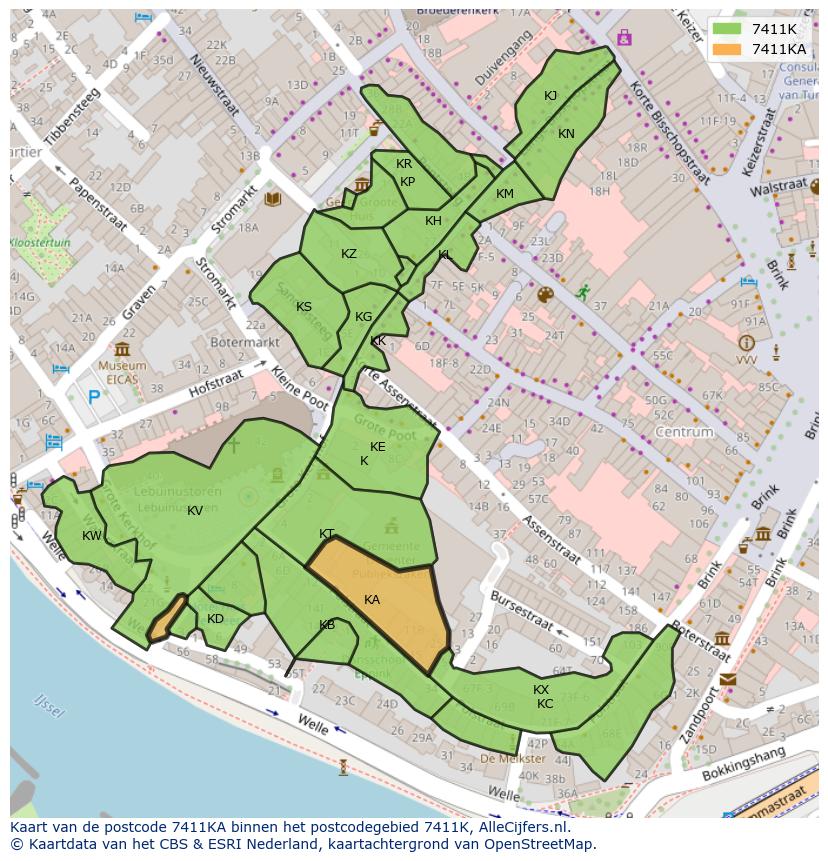 Afbeelding van het postcodegebied 7411 KA op de kaart.