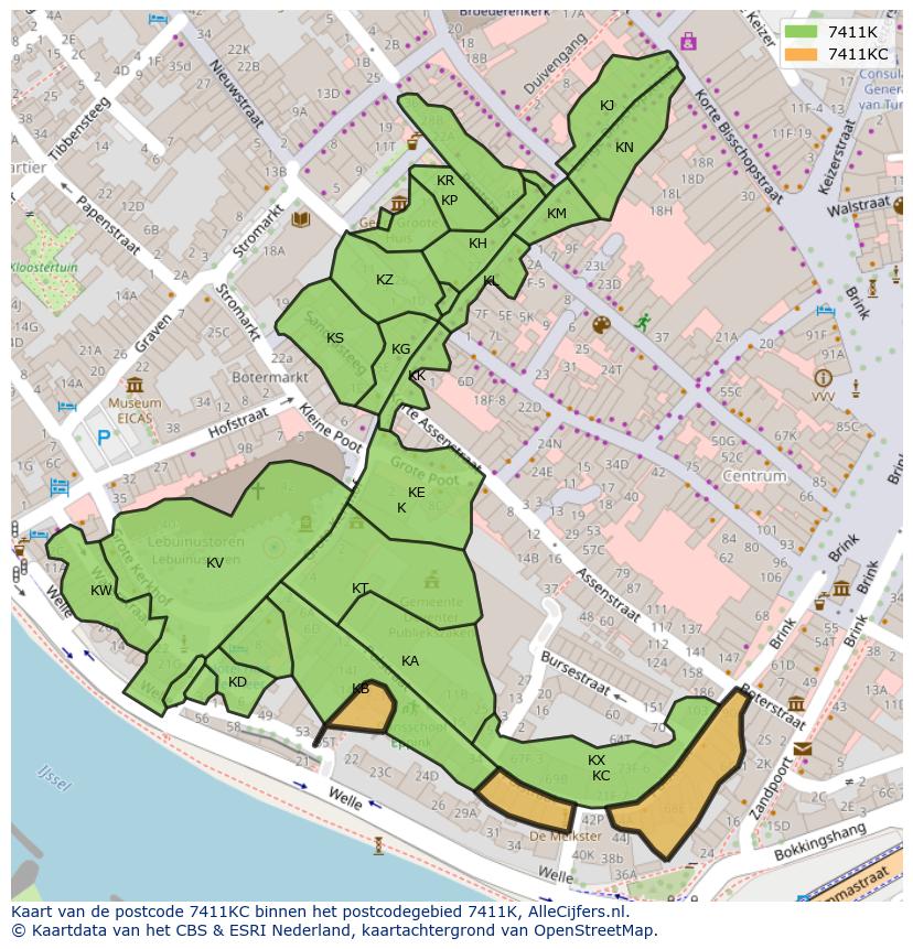 Afbeelding van het postcodegebied 7411 KC op de kaart.
