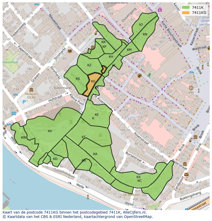 Afbeelding van het postcodegebied 7411 KG op de kaart.