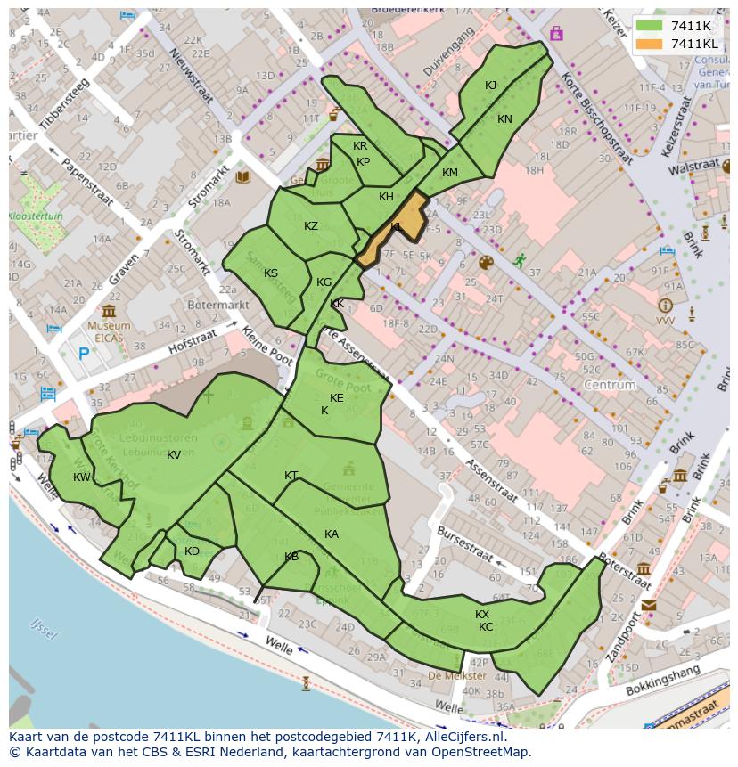 Afbeelding van het postcodegebied 7411 KL op de kaart.