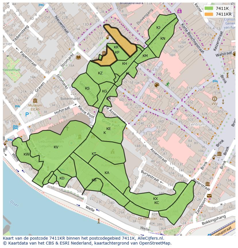 Afbeelding van het postcodegebied 7411 KR op de kaart.