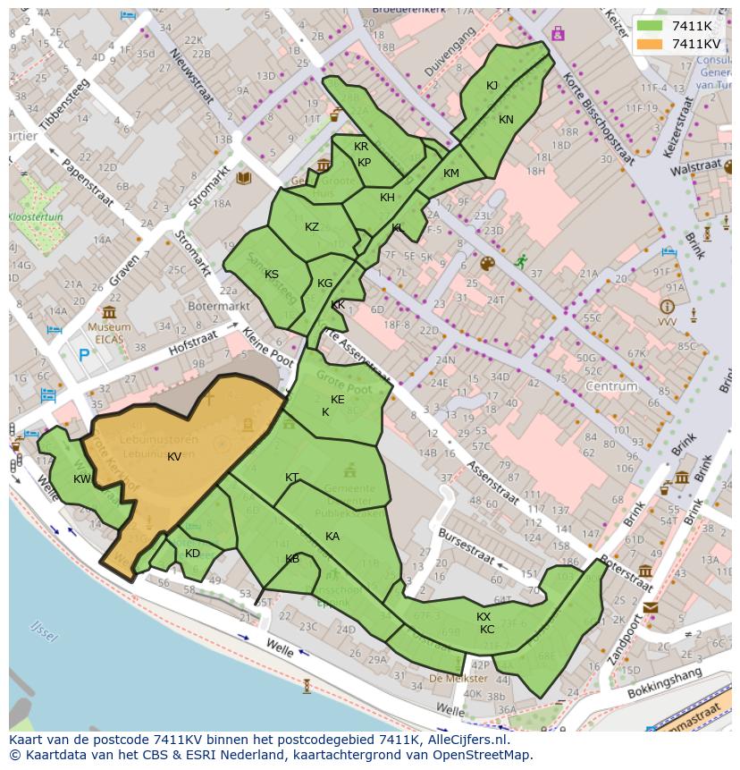 Afbeelding van het postcodegebied 7411 KV op de kaart.