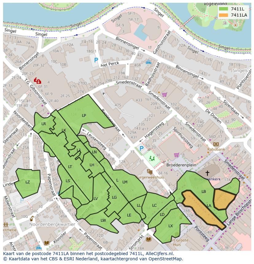 Afbeelding van het postcodegebied 7411 LA op de kaart.