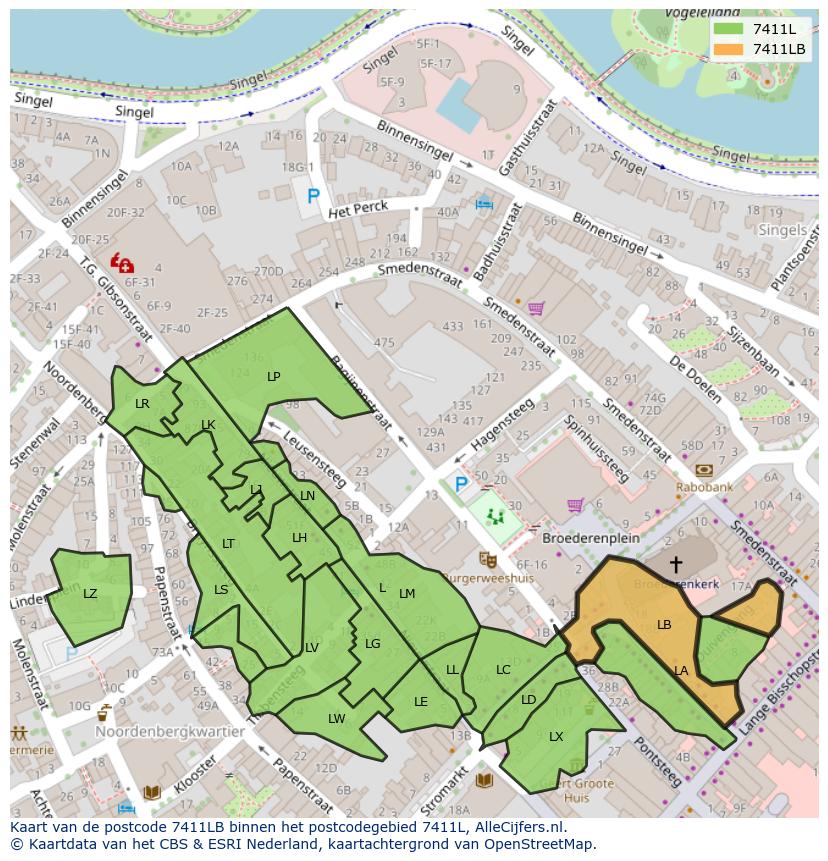 Afbeelding van het postcodegebied 7411 LB op de kaart.